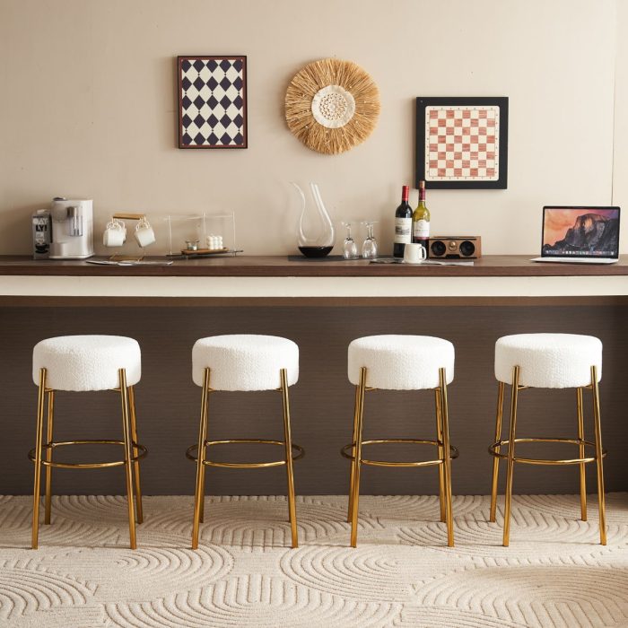 Round High Bar Stools (Set of 2), Contemporary Upholstered Dining Stools For Kitchens, Coffee Shops And Bar Stores - Gold Legs - Image 5