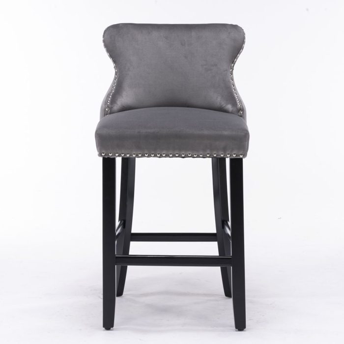 Contemporary Velvet Upholstered Wing-Back Barstools With Button Tufted Decoration And Wooden Legs, And Chrome Nailhead Trim, Leisure Style Bar Chairs, Bar Stools (Set of 2) - Image 8