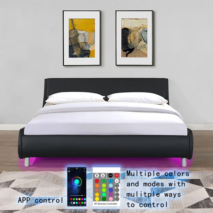 Queen Size Upholstered Platform Bed Frame, LED Lighting With Remote Controller And App, Curve Design, Wood Slat Support, No Box Spring Needed - Black - Image 4