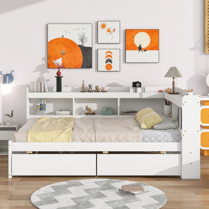 Full Bed With L-Shaped Bookcases, Drawers - Image 5