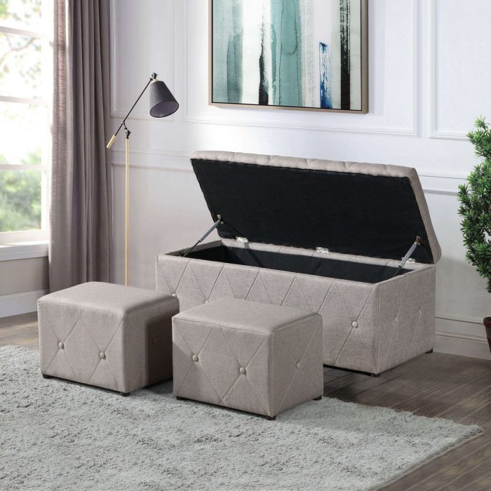 3 Piece Rectangular Storage Ottoman Short Velvet With 2 Set Ottomans - Image 7
