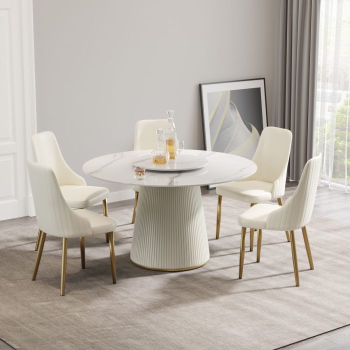 Modern Artificial Stone Round Plywood Base Dining Table, Can Accommodate 6 People, Artificial Stone Turntable (Not Including Chairs) - White / Beige - Image 3