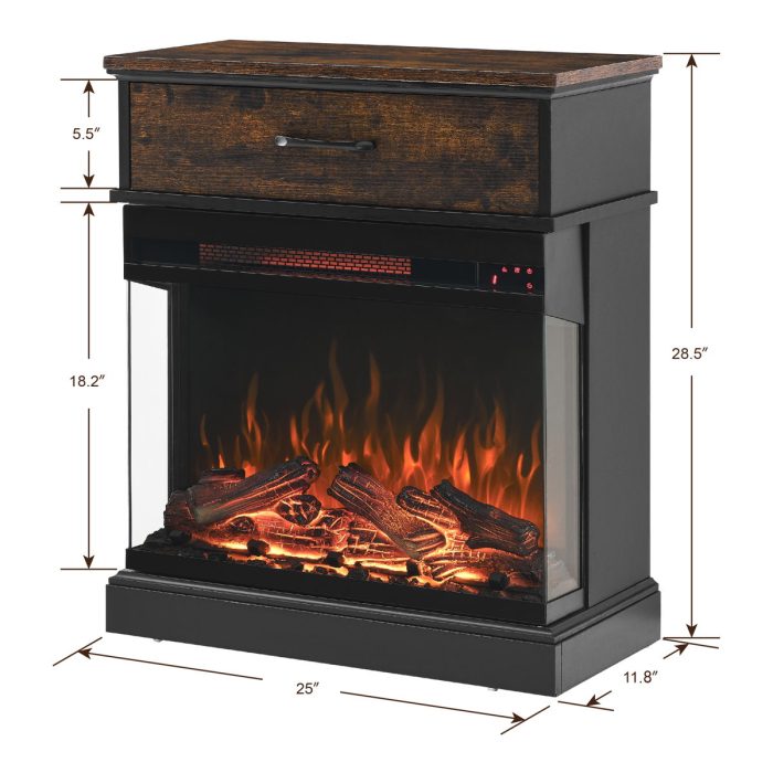25" Stand Side Table With 3-Sided Glass Electric Fireplace - Antique Black - Image 4