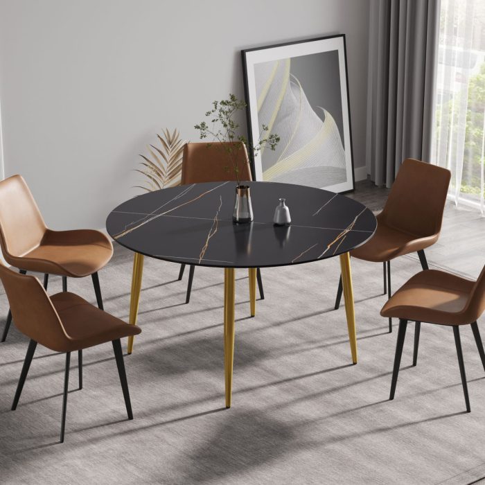 Modern Artificial Stone Round Dining Table With Golden Metal Legs, Can Accommodate 6 People - Black - Image 3