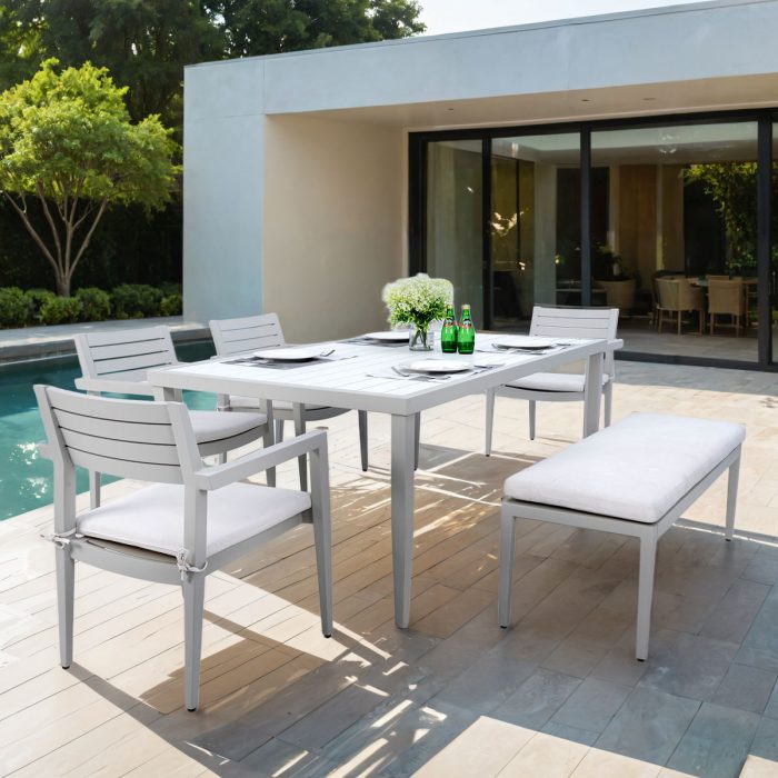6 Piece Dining Set Modern Outdoor Patio Furniture, 4 Dining Chairs & 1 Dining Bench Sunbrella Fabric And 2 Tone Rectangle Table With Umbrella Hole - Matte White / Grayish - Image 4