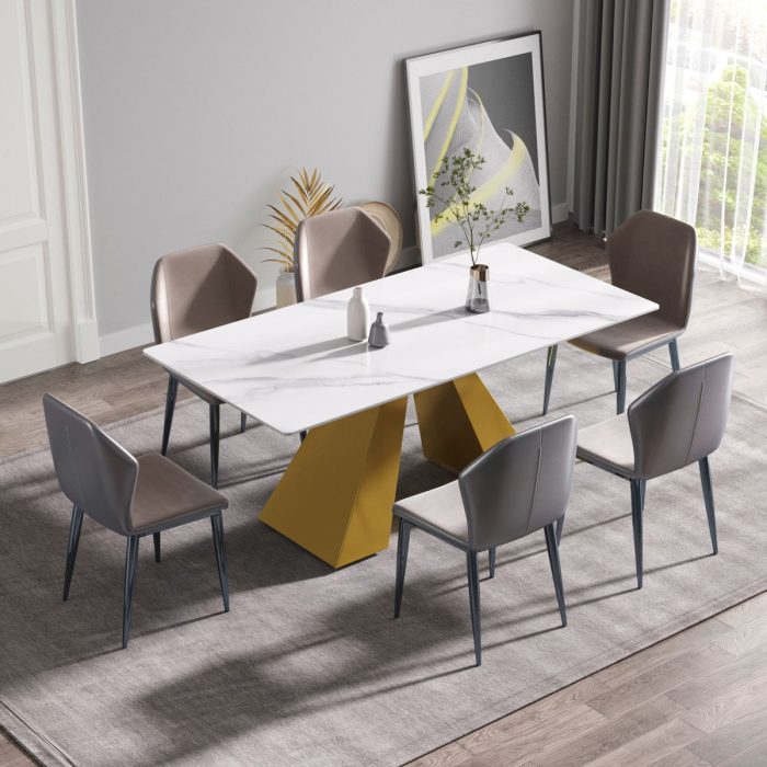 70.87" Modern Artificial Stone White Straight Edge Metal Leg Dining Table - White / Gold - Image 4